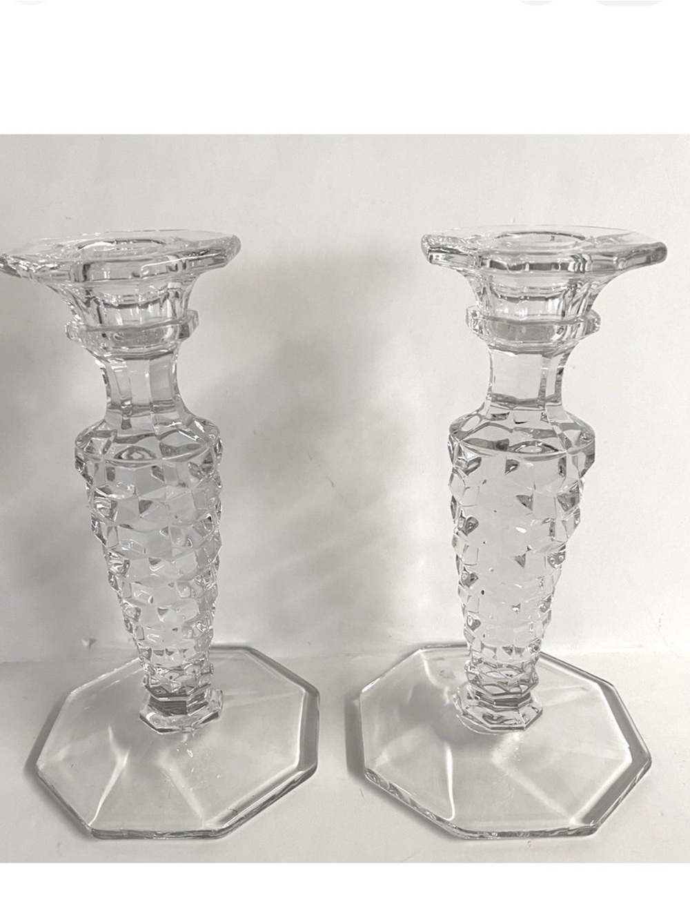 2 Vintage 80s Fostoria Vintage Elegant clear Crystal Glass candle sticks.